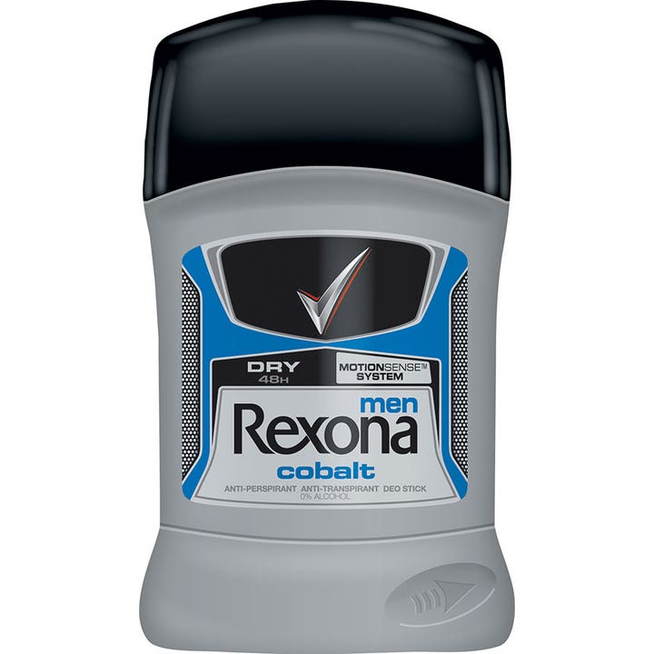 Rexona Men Cobalt anti-perspirant deo stick der giver 48 timers beskyttelse i grå plastemballage med sort låg