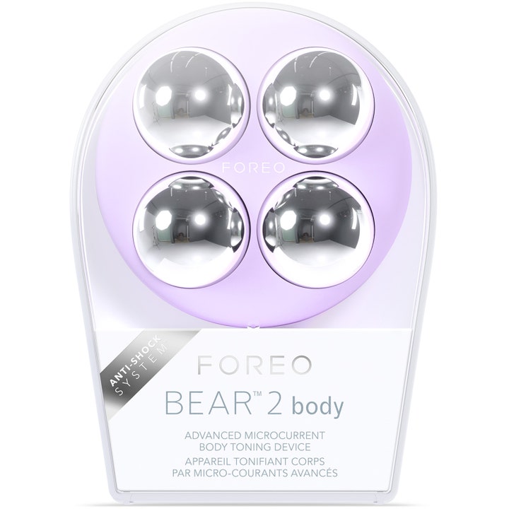 FOREO BEAR 2 body Lavender 1 stk opstrammende microcurrent-enhed i emballage med fire store sølvkugler