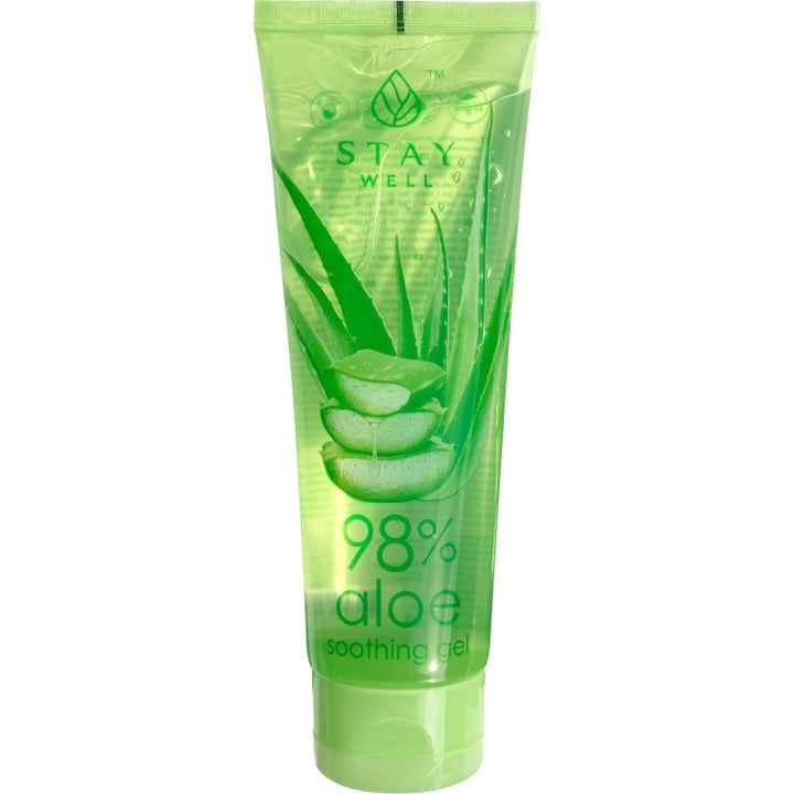 Stay Well 98% Aloe Soothing Gel beroligende kropsgel i gennemsigtig grøn tube med illustration af aloe vera blade
