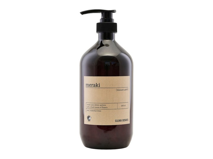 Meraki Blossom Whiff 1000 ml opvaskemiddel giver skinnende rent service i mørkebrun flaske med sort pumpe og beige label