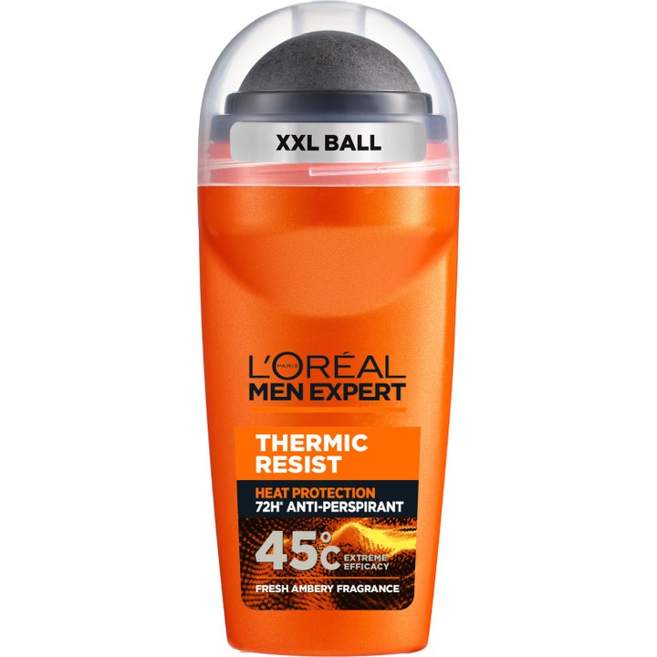 L'Oréal Men Expert Thermic Resist roll-on antiperspirant mod sved i orange emballage med stor sort kugle og klart låg.