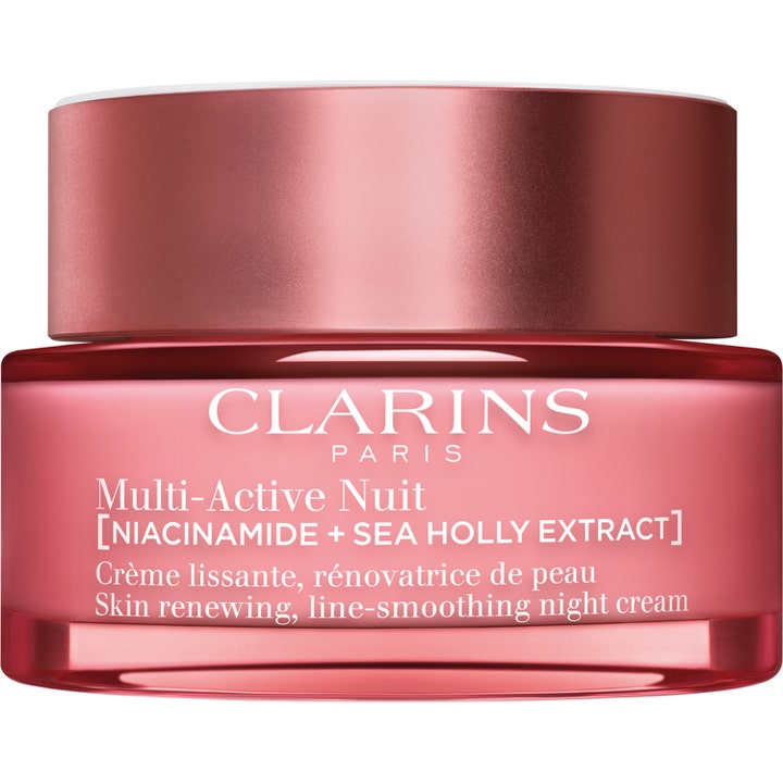 Clarins Multi-Active Nuit 50 ml fornyende natcreme mod fine linjer i en elegant lyserød glaskrukke med metallåg