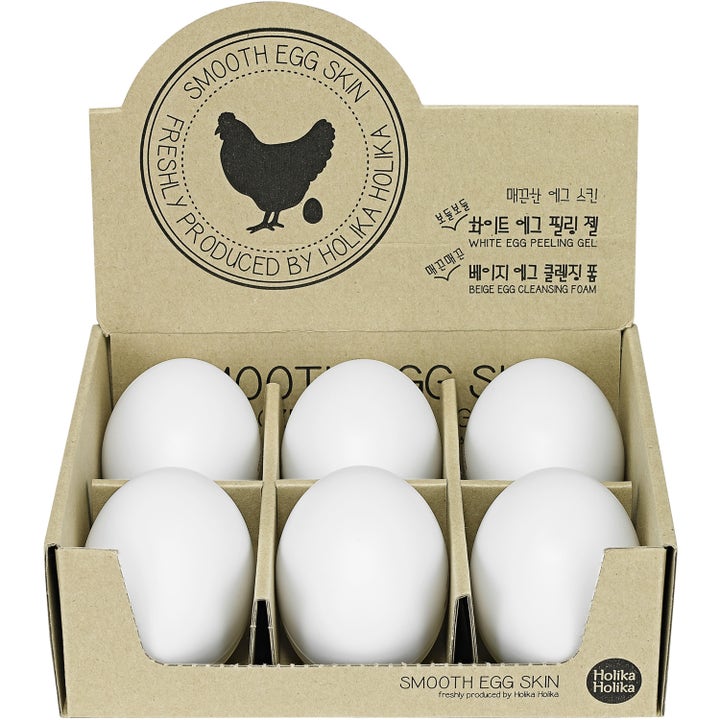 Holika Holika Smooth Egg Skin Peeling Gel 140 ml eksfolierende peeling i hvide æggeformede beholdere i papæske