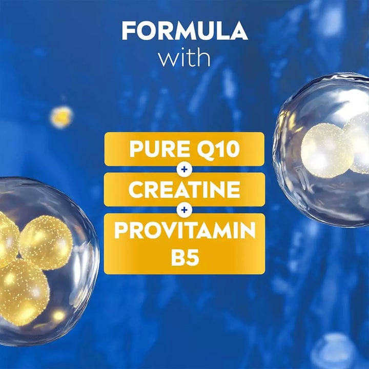 NIVEA Q10 Firming+ Neck & Chest Cream 200 ml med Pure Q10, Creatine og Provitamin B5 i gule bokse og bobler.