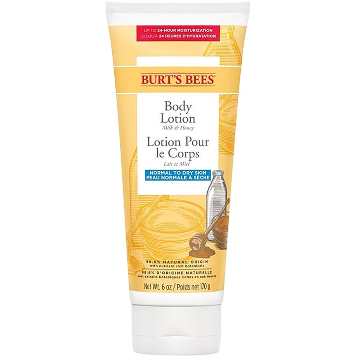 Burt's Bees Body Lotion Milk & Honey 170 g fugtgivende kropspleje i hvid tube med honningillustrationer
