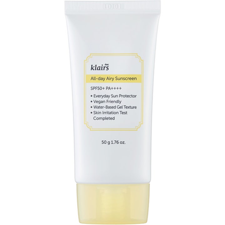 Klairs All-day Airy Sunscreen 50 g vegansk solcreme i hvid tube med gult låg giver let og luftig beskyttelse