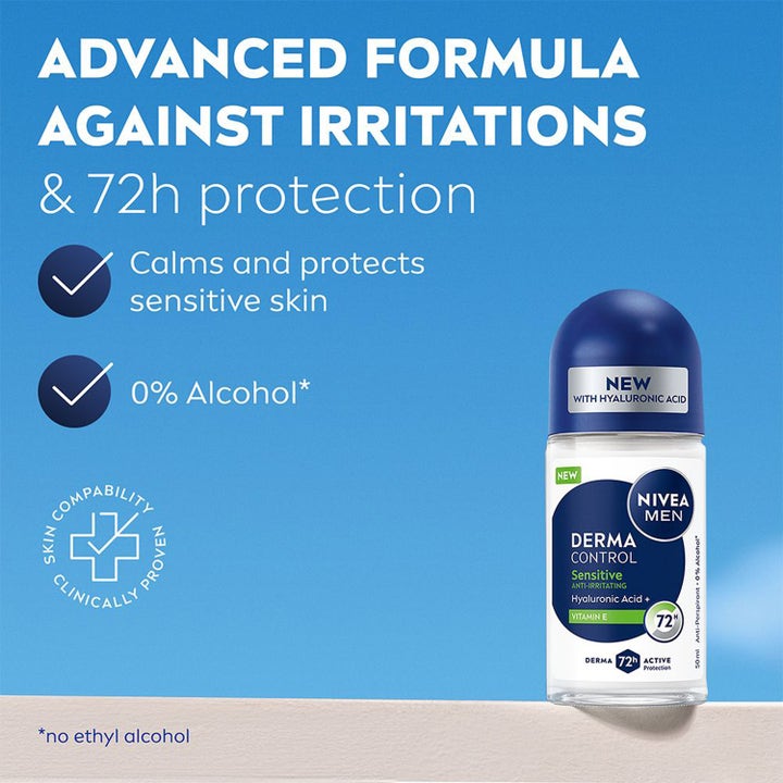 NIVEA MEN Sensitive Protect 50 ml roll-on deodorant i glasflaske med 72h beskyttelse og hyaluronsyre