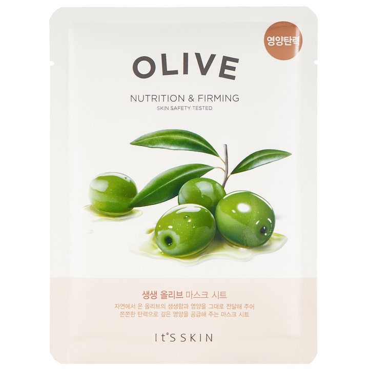 It's Skin Olive Nutrition & Firming Sheet Mask 1 stk nærende ansigtsmaske med grønne oliven på hvid emballage