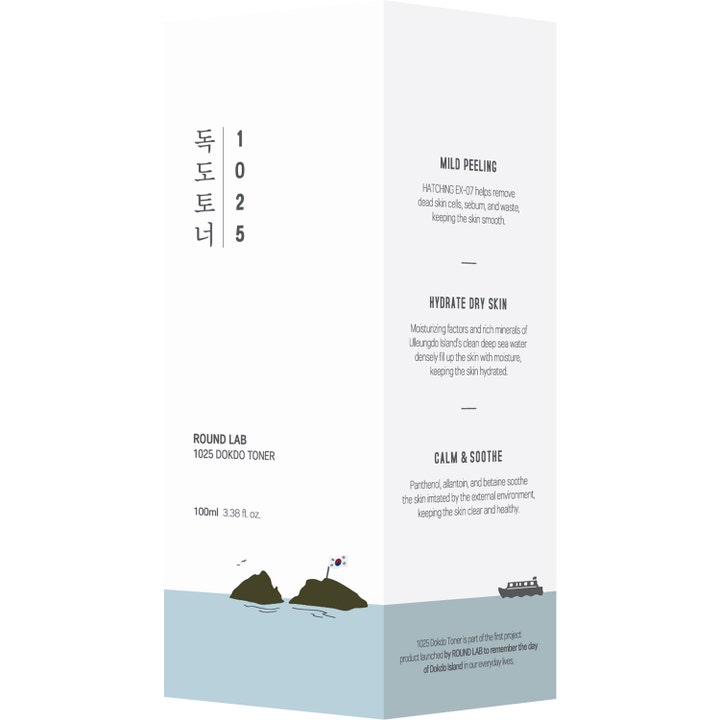Round Lab 1025 Dokdo Toner 100 ml eksfolierende ansigtsvatten i hvid kasse med illustration af øer
