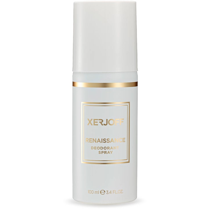 Xerjoff Renaissance 100 ml deodorant spray til luksuriøs beskyttelse i hvid flaske med guldramme og guldtryk.