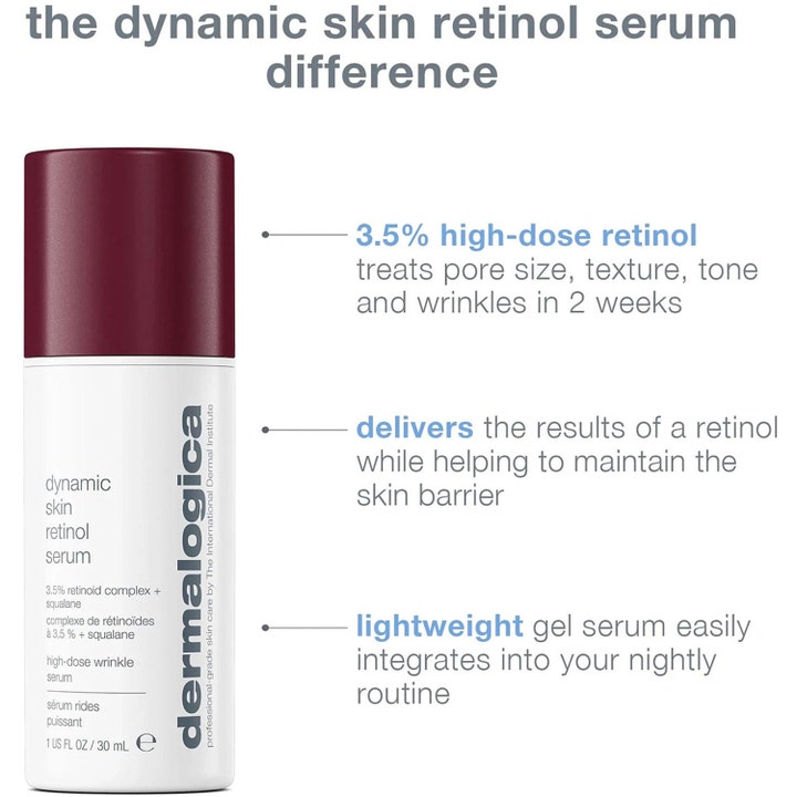 Dermalogica Dynamic Skin Retinol Serum 30 ml gel serum med 3,5% retinol mod rynker vist med infografik og bordeaux låg