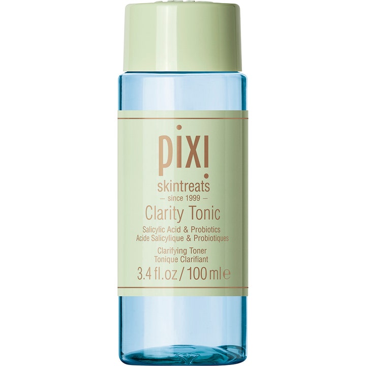 Pixi Clarity Tonic 100 ml eksfolierende ansigtstoner med salicylsyre i en gennemsigtig blå flaske med lysegrønt låg