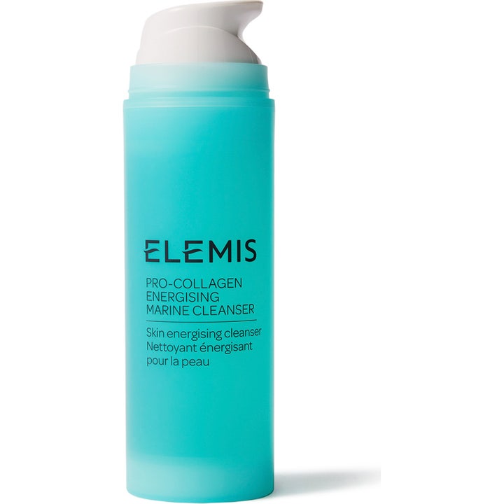 Elemis Pro-Collagen Energising Marine Cleanser giver huden energi i en lyseblå frostet flaske med hvid pumpe.