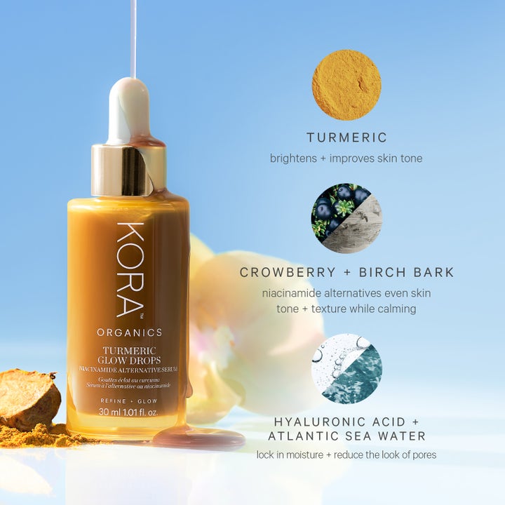 KORA Organics Turmeric Glow Drops 30 ml serum med gurkemeje og hyaluronsyre der giver fugt og en jævn hudtone.
