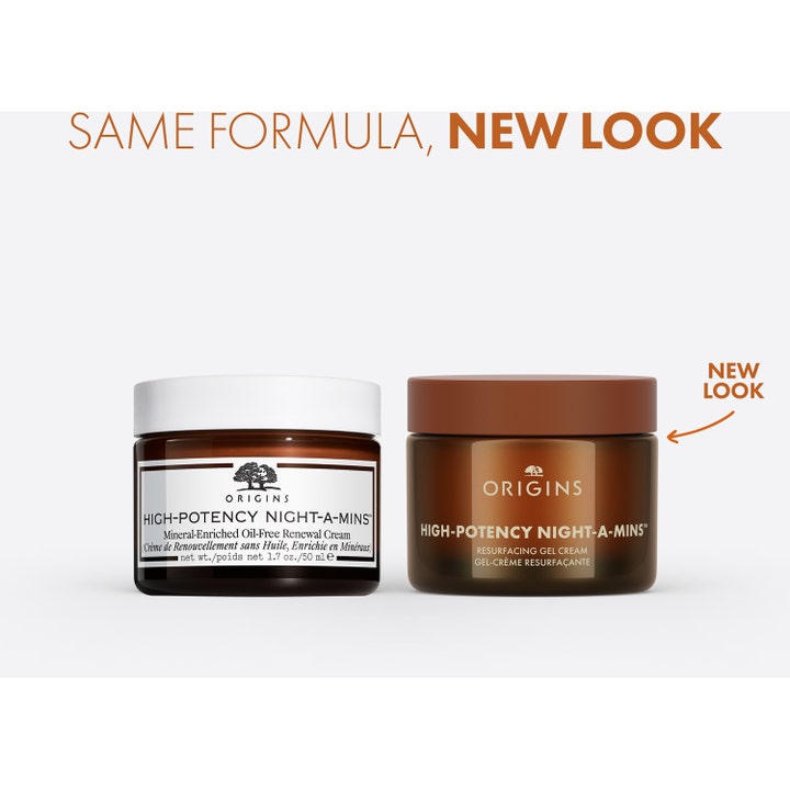Origins High-Potency Night-A-Mins Resurfacing Gel Cream 50 ml natcreme i gammel og ny emballage med brune låg