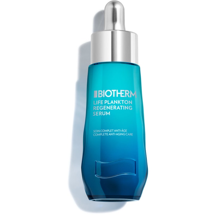 Biotherm Life Plankton Regenerating Serum regenererende ansigtsserum i en blå glasflaske med sølvlåg