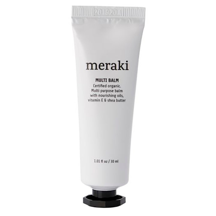 Meraki Multi Balm 30 ml økologisk fugtgivende balm med sheasmør i hvid tube med sort skruelåg