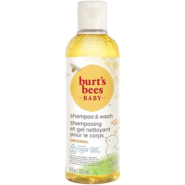 Burt's Bees Baby Shampoo & Wash 236,5 ml mild kropsvask i klar plastflaske med gul væske og hvidt vippelåg