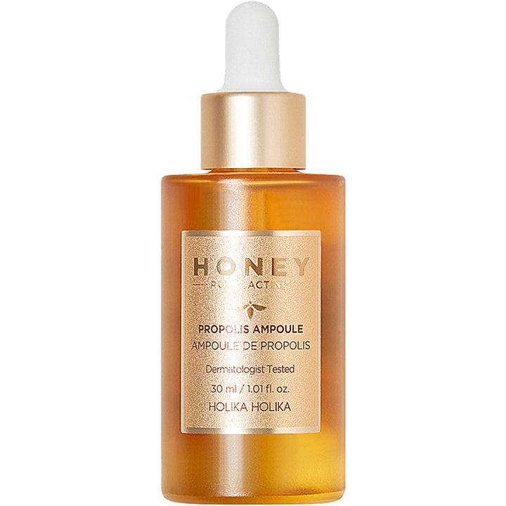 Holika Holika Honey Royalactin Propolis Ampoule 30 ml fugtgivende ampul i ravfarvet glasflaske med hvid pipette