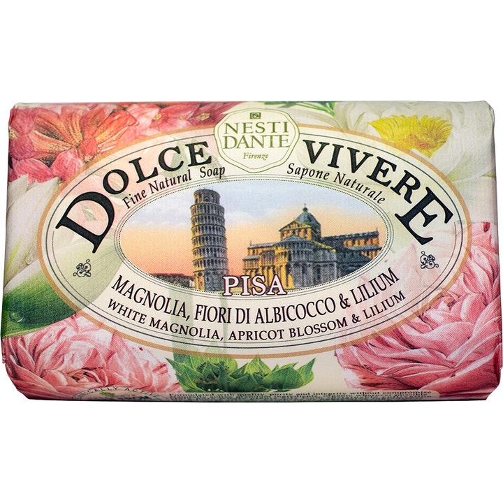 Nesti Dante Dolce Vivere Pisa 250g fast sæbe i blomstret papirindpakning med motiv af det skæve tårn i Pisa.