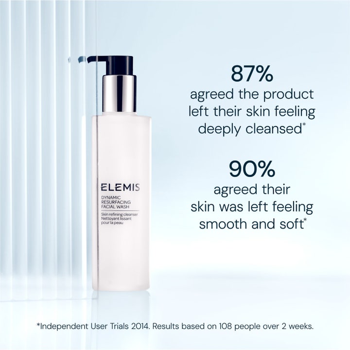 Elemis Dynamic Resurfacing Facial Wash 200 ml udglattende rengøringsgel vist med 87% og 90% positive testresultater