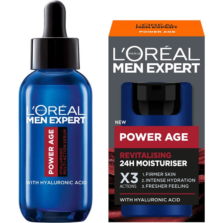 L'Oréal Men Expert Power Age revitaliserende serum giver fugt i blå glasflaske med pipette og grå æske.