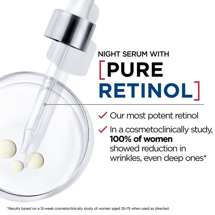 L'Oréal Paris Laser Pure Retinol Night Serum 30 ml mod rynker viser pipette og dråber i en glasskål.