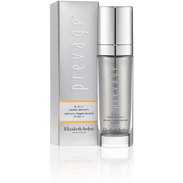 Elizabeth Arden Prevage 3-in-1 Reset Serum 30 ml i sølvfarvet flaske og æske der genopretter huden