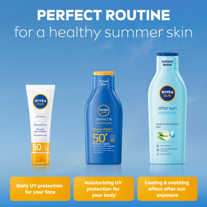 NIVEA Sun Protect & Moisture SPF50+ 100 ml fugtgivende solcreme i blå flaske vist i en komplet solplejerutine.