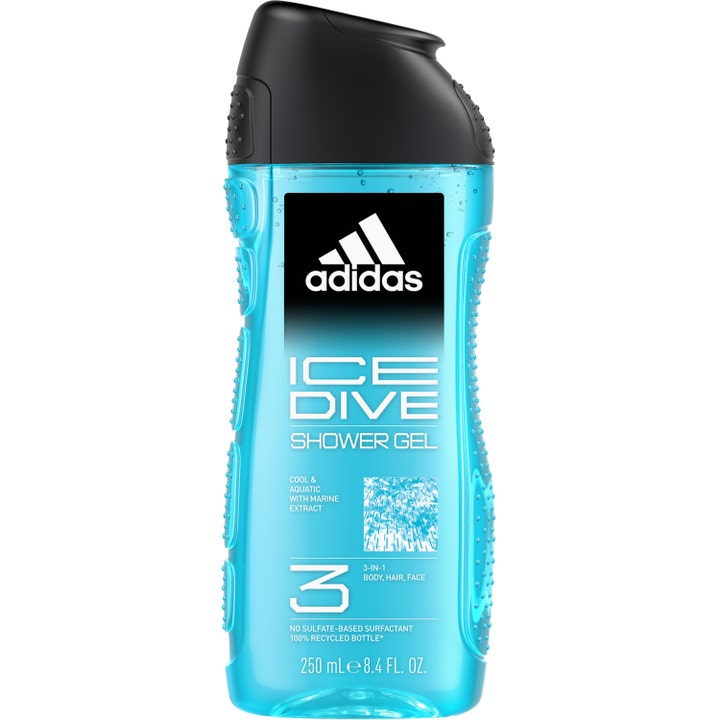 Adidas Ice Dive 250 ml opfriskende 3-i-1 kropspleje i en gennemsigtig flaske med lyseblå gel og sort låg
