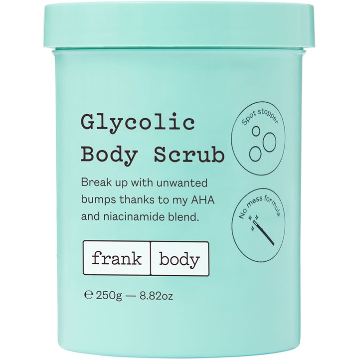 Frank Body Glycolic Body Scrub 250g eksfolierende kropsscrub med AHA og niacinamid i lysegrøn krukke