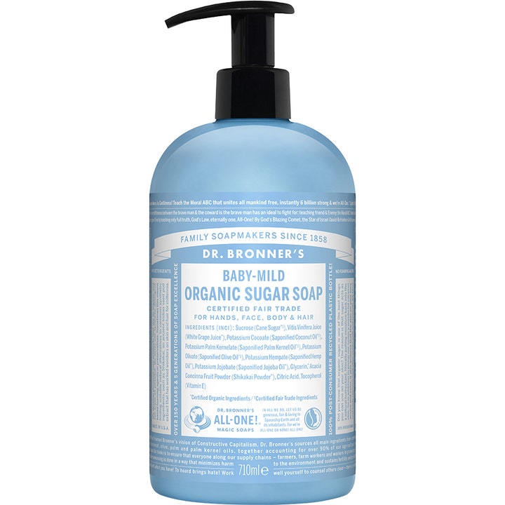 Dr. Bronner's Baby-Mild Organic Sugar Soap 710ml mild økologisk sæbe i en lyseblå plastflaske med sort pumpe