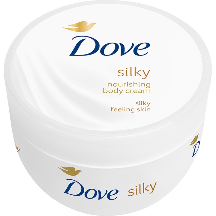 Dove Silky Nourishing Body Cream nærende kropscreme giver silkeblød hud i en hvid krukke med guld og blåt logo