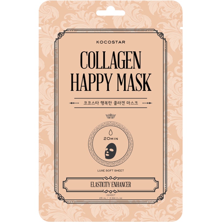Kocostar Collagen Happy Mask 25 ml opstrammende sheet mask i ferskenfarvet emballage med ornamentmønster