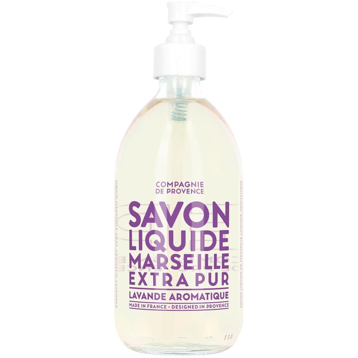 Compagnie de Provence Savon Liquide Marseille 500ml flydende håndsæbe i klar flaske med hvid pumpe og lilla tekst