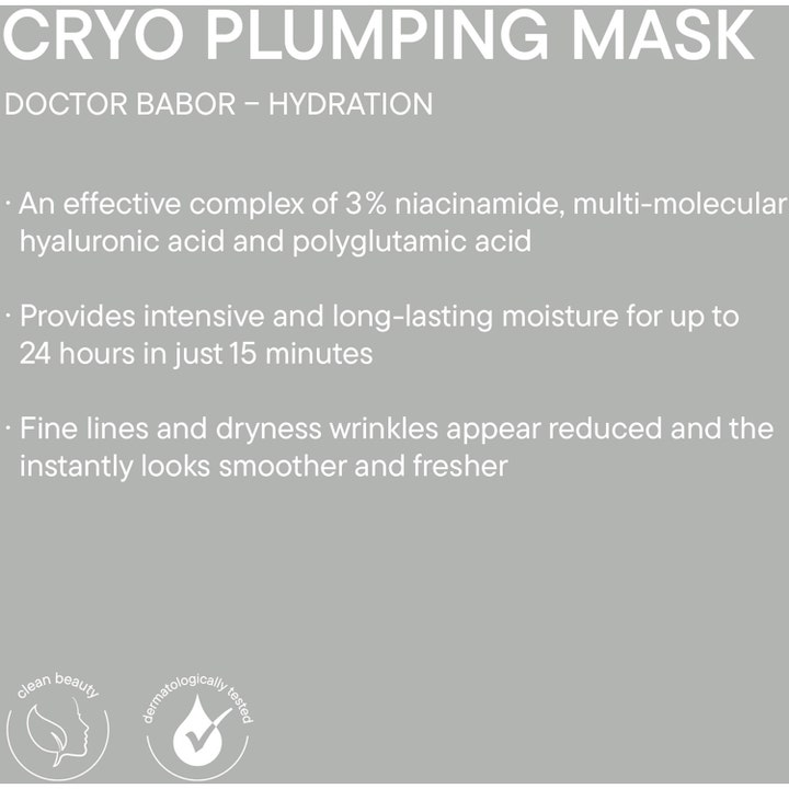 Babor DOC Cryo Plumping Mask 1 stk fugtgivende ansigtsmaske med tekst om niacinamid på grå baggrund