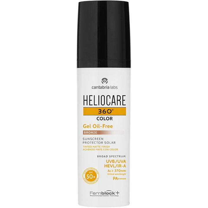 Heliocare 360° Color Gel Oil-Free Bronze 50 ml SPF 50+ ansigtssolcreme giver mat finish i hvid tube med sort låg