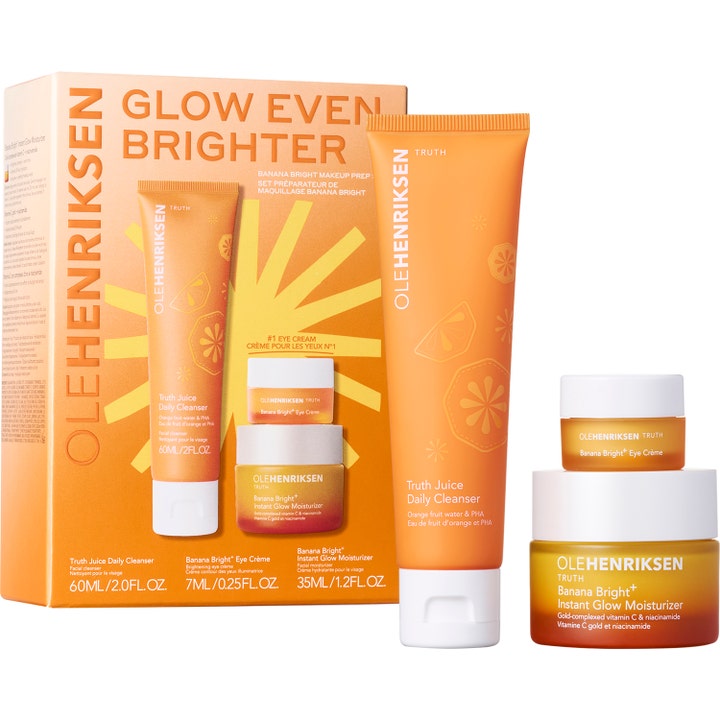 Olehenriksen Glow Even Brighter 3 dele hudplejesæt med vitamin C giver glød i orange krukker og tube.
