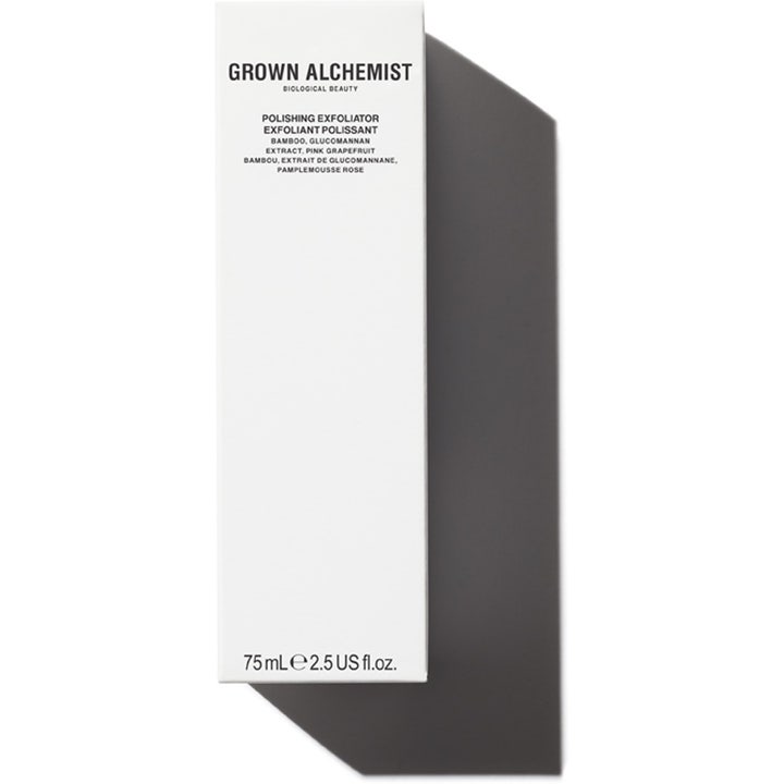 Grown Alchemist Polishing Facial Exfoliant 75 ml eksfolierende ansigtspleje i hvid papæske med bambus og grapefrugt.