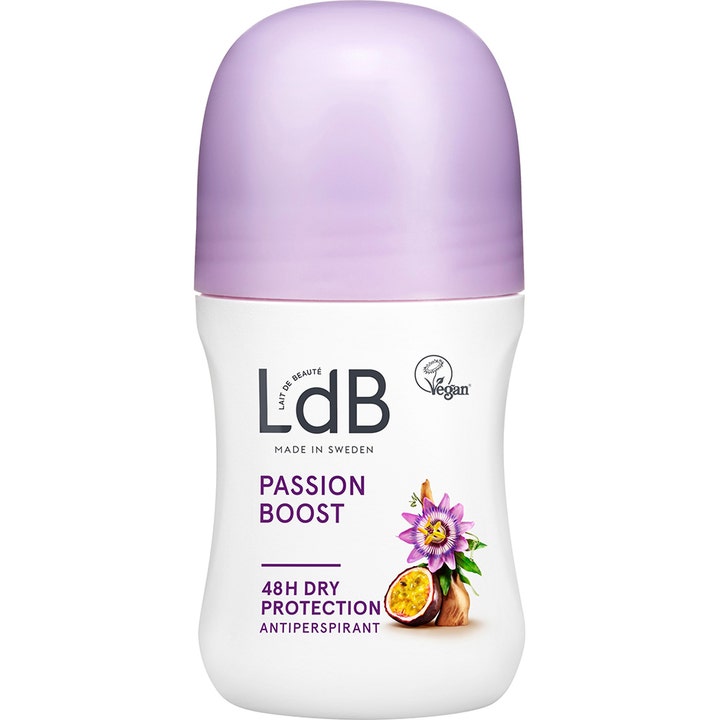 LdB Passion Boost 50 ml vegansk antiperspirant giver 48 timers beskyttelse i hvid roll-on med lilla låg.