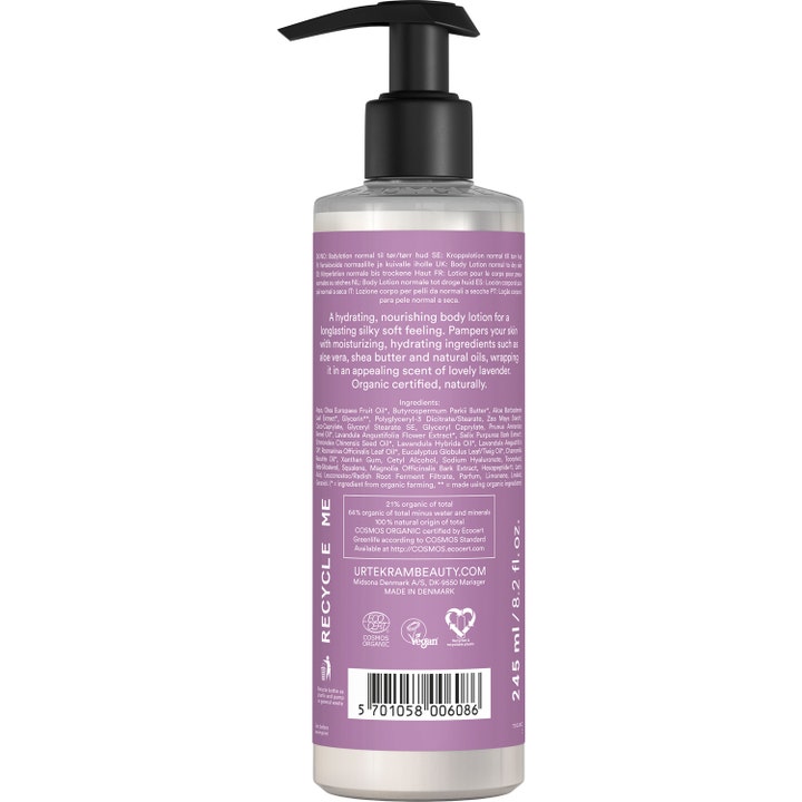 Urtekram Soothing Lavender 245 ml beroligende body lotion i lilla flaske med sort pumpe og ingrediensliste