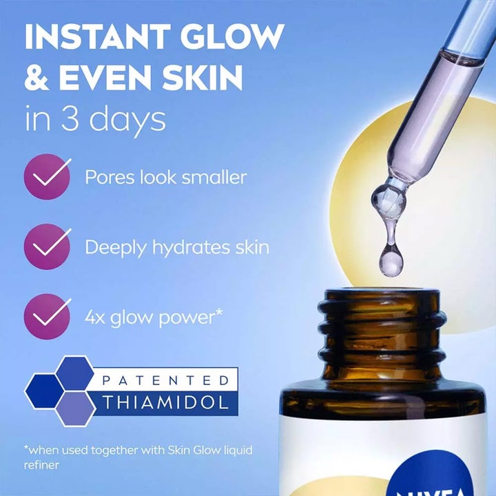 NIVEA Luminous630 Skin Glow 30 ml serum giver glød vist med en pipette over en flaske og tekst om Thiamidol