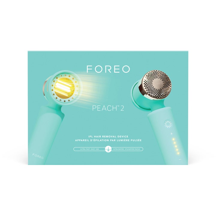 FOREO PEACH 2 Mint 1 stk. beauty tech til IPL-hårfjerning i en mintgrøn æske med illustration af lysglimt