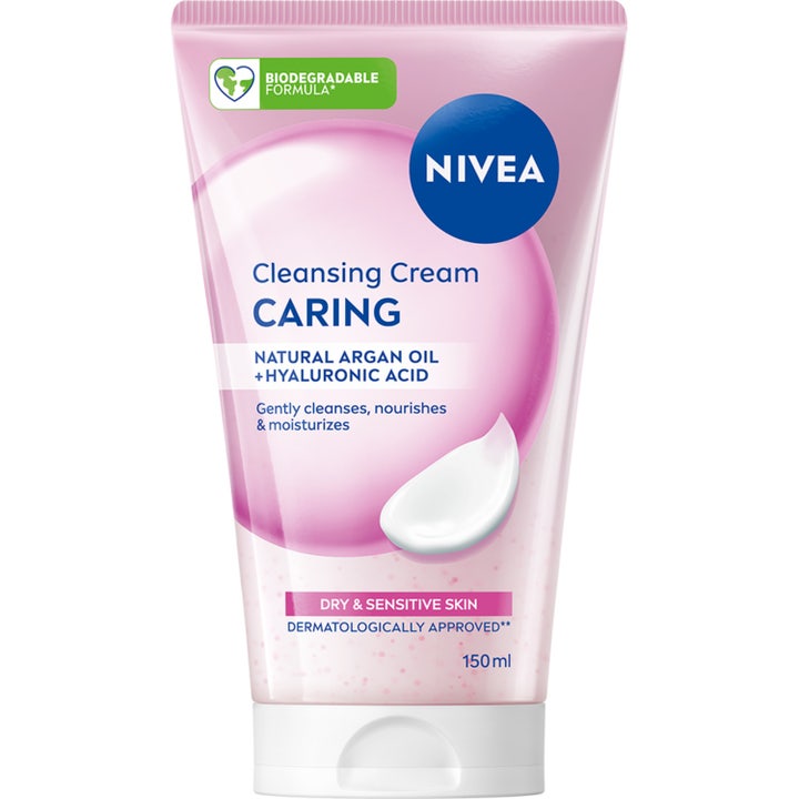 Nivea Cleansing Cream Caring 150 ml fugtgivende ansigtsrens med arganolie i lyserød tube med cremet hvid tekstur.