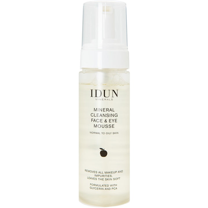 IDUN Minerals Mineral Cleansing Face & Eye Mousse 150ml ansigtsrens i klar pumpeflaske med hvid pumpe og låg.
