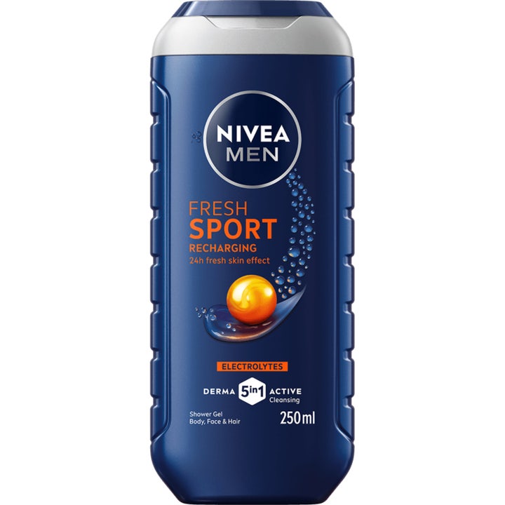 Nivea Men Sport 24H Fresh Effect 250 ml 3-i-1 showergel giver energi i en mørkeblå plastflaske med orange detaljer