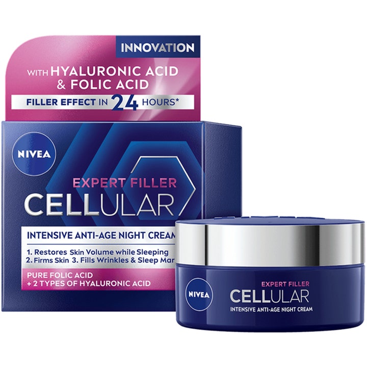 NIVEA Cellular Expert Filler 50 ml anti-age natcreme i mørkeblå krukke med sølvlåg og matchende æske