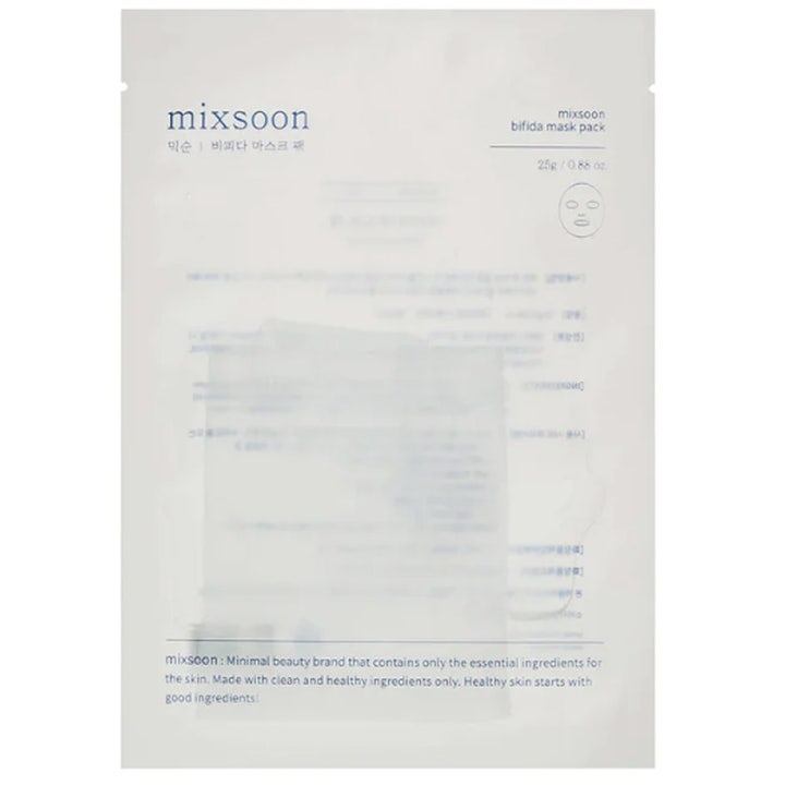 mixsoon Bifida Mask Pack 25g styrkende sheet mask i en hvid minimalistisk sachet med blå tekst