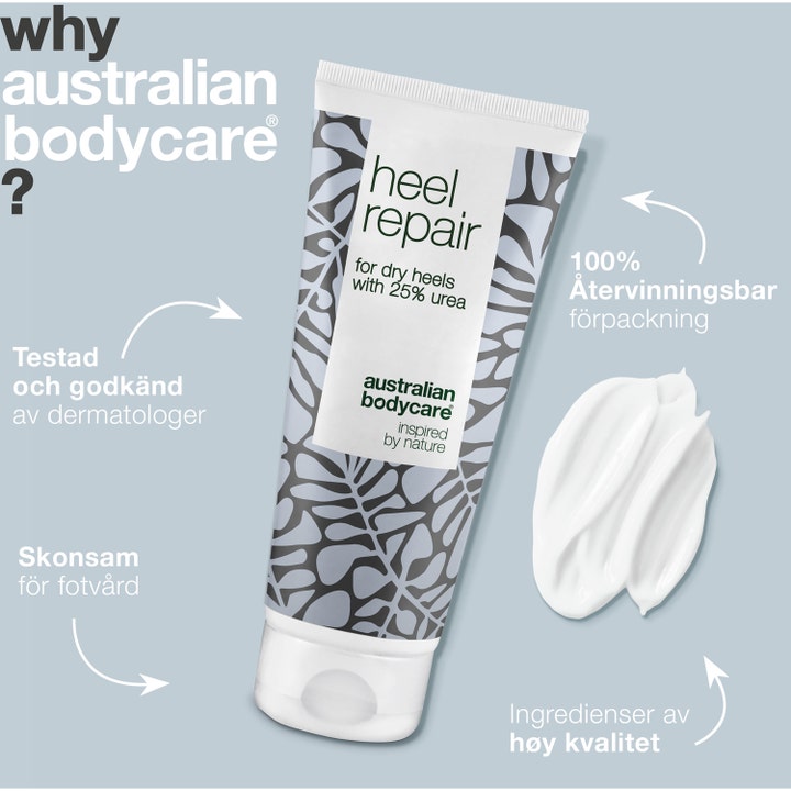Australian Bodycare Heel Repair 100 ml fodcreme mod tørre hæle med hvid cremetekstur og dermatologisk testet formel