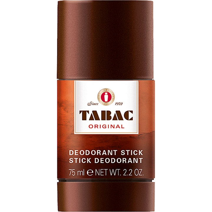 Tabac Original Deodorant Stick 75 ml giver friskhed i en klassisk brun cylinderformet emballage med hvid etikette.